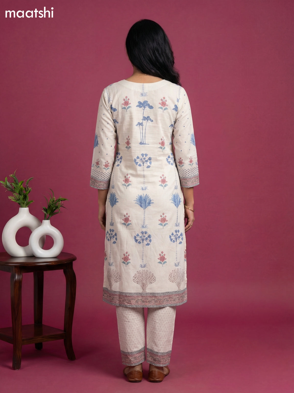 Beige Cotton Floral Printed & Embroidery Work Straight Suit