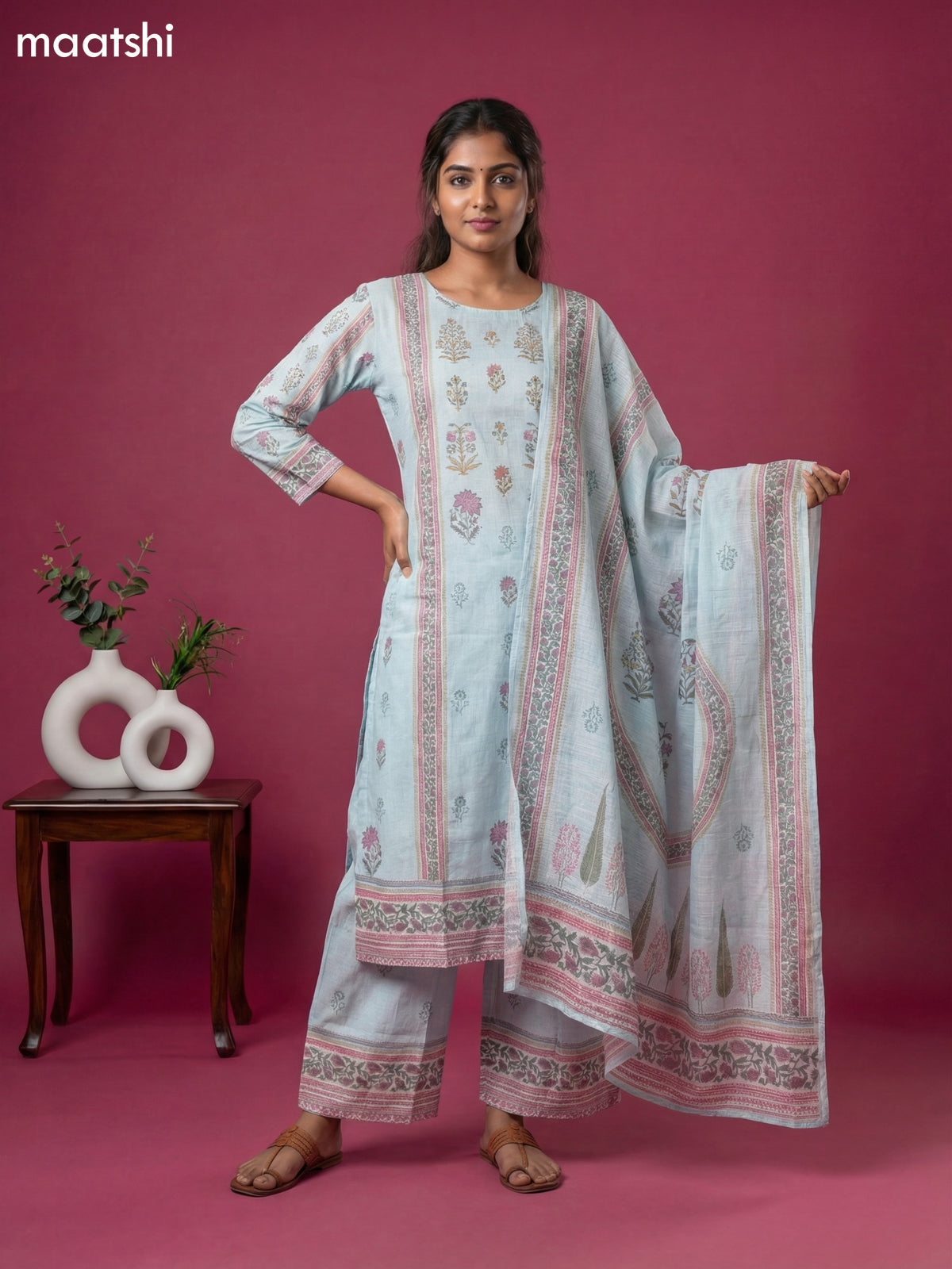 Light Blue Cotton Floral Printed & Embroidery Work Straight Suit