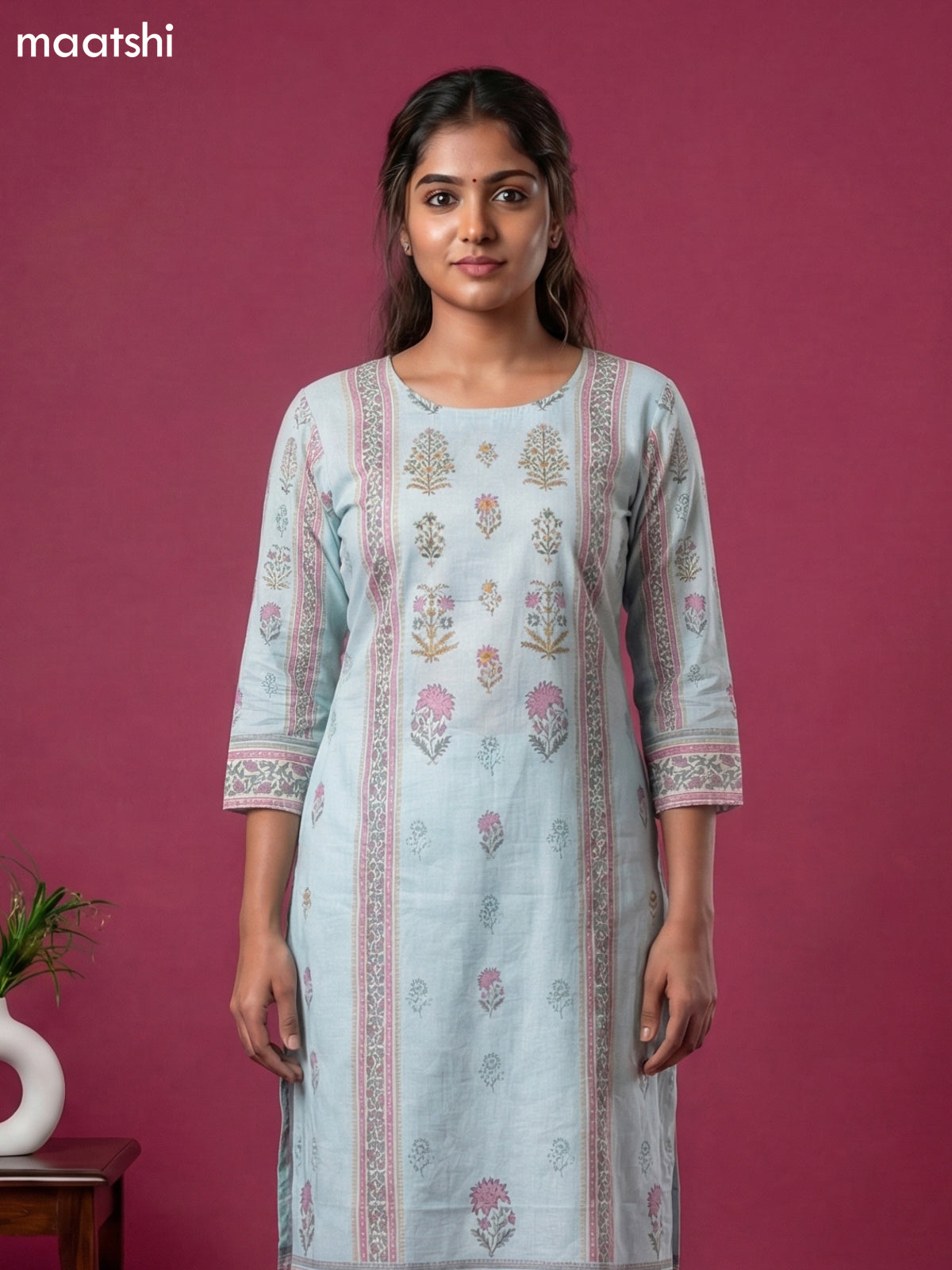 Light Blue Cotton Floral Printed & Embroidery Work Straight Suit