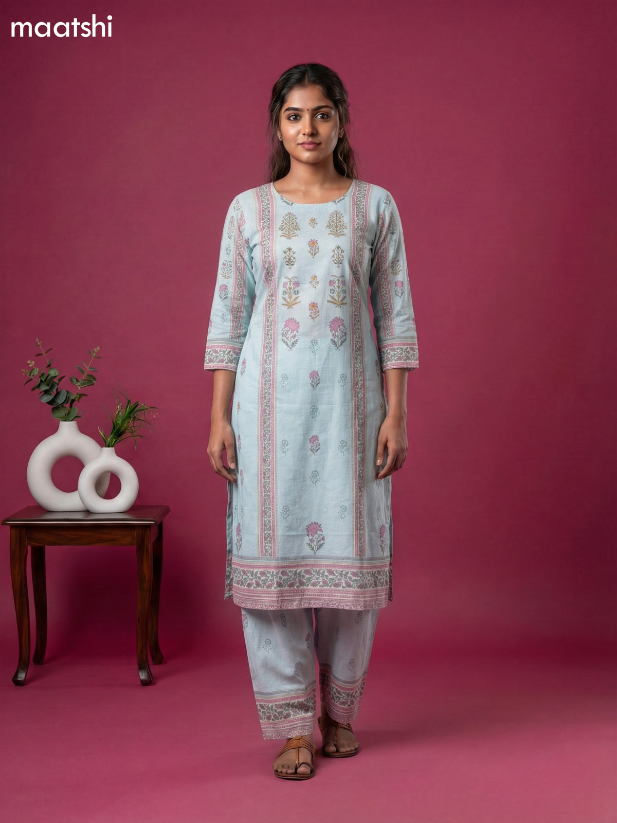 Light Blue Cotton Floral Printed & Embroidery Work Straight Suit