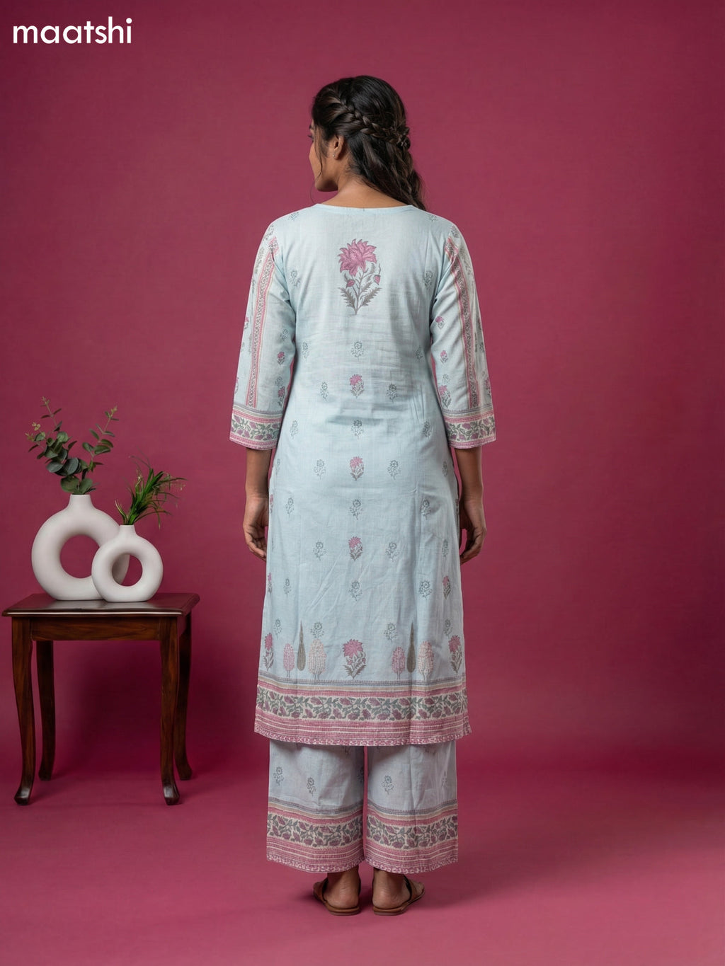 Light Blue Cotton Floral Printed & Embroidery Work Straight Suit