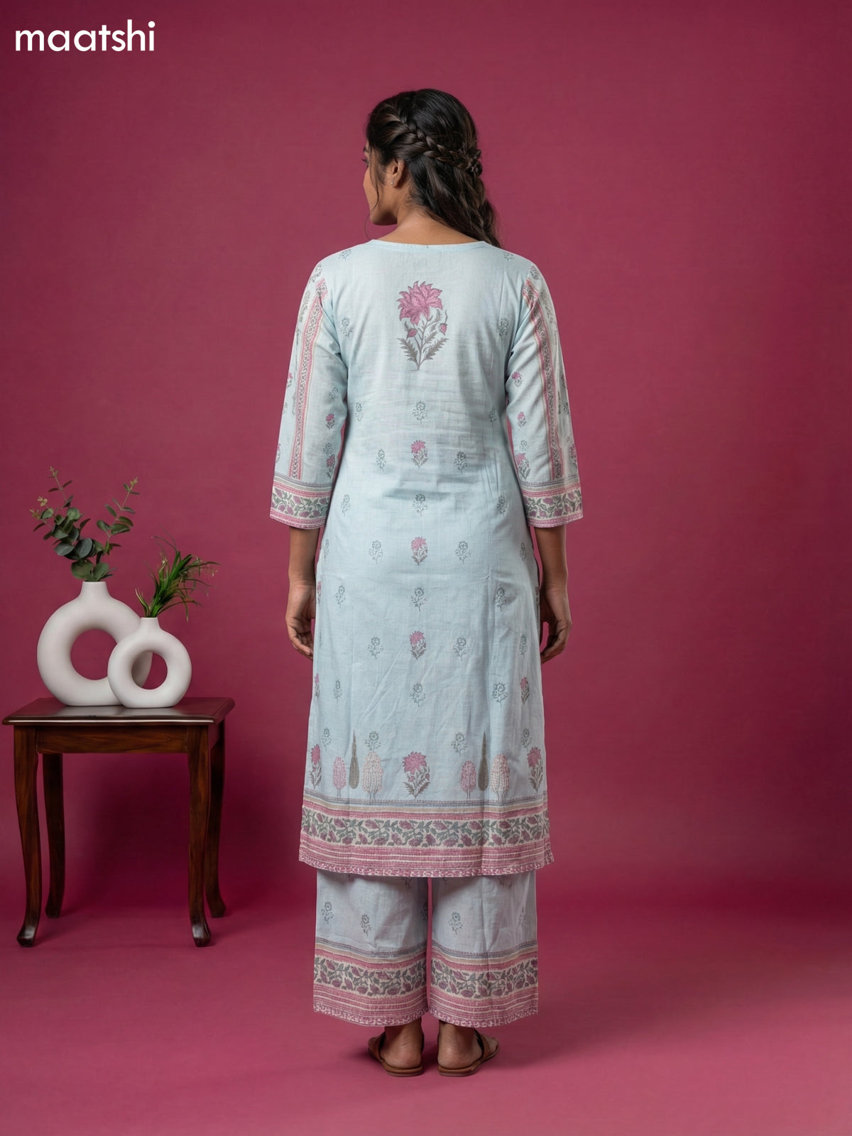 Light Blue Cotton Floral Printed & Embroidery Work Straight Suit