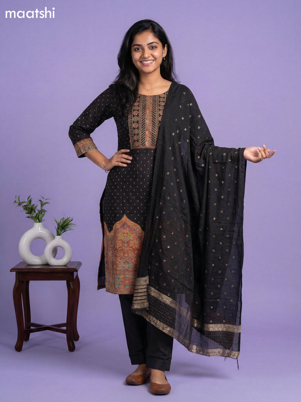Black Banarasi Silk Position Prints & Embroidery Work Straight Suit Straight Cut Pant
