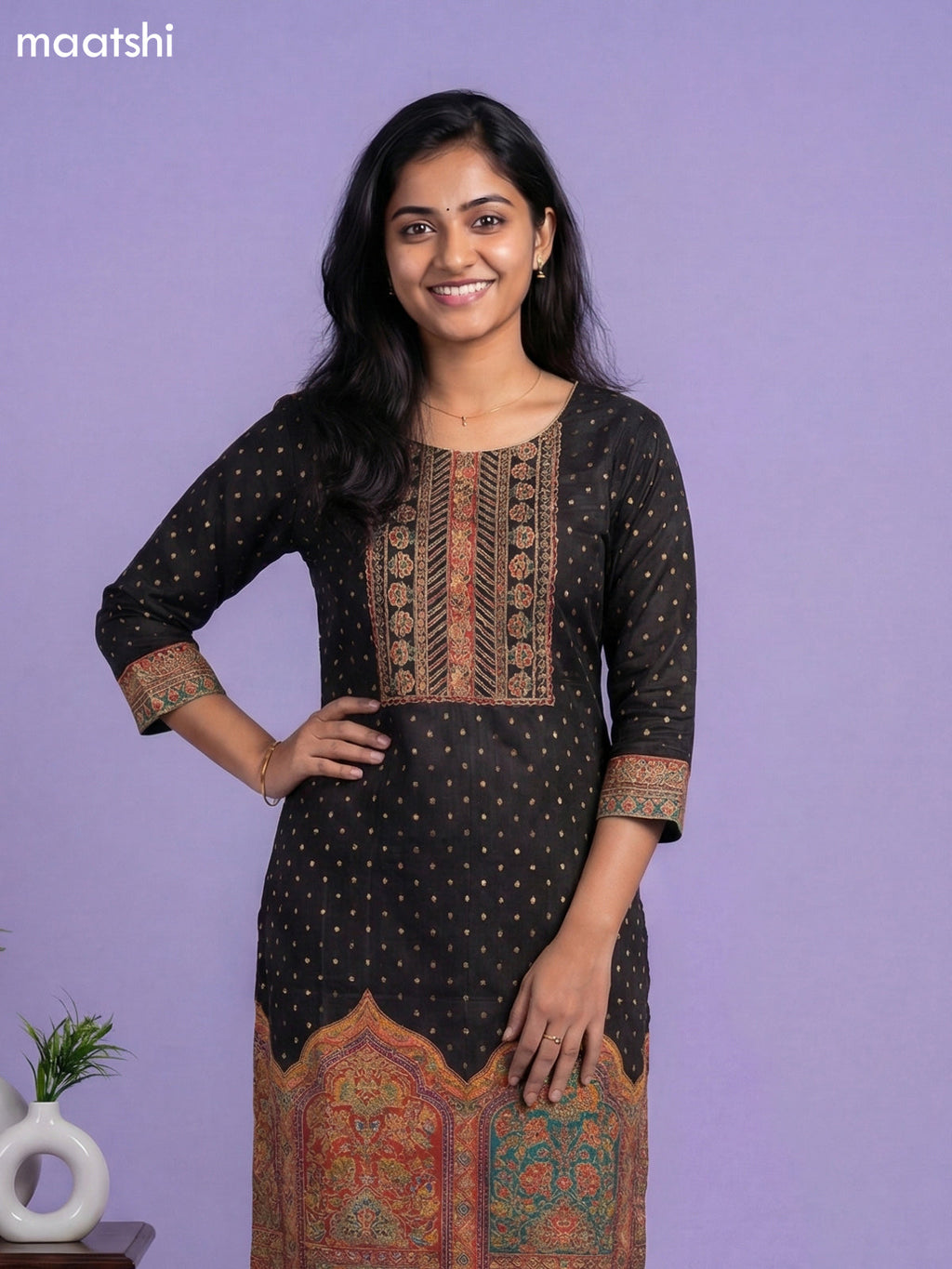 Black Banarasi Silk Position Prints & Embroidery Work Straight Suit Straight Cut Pant