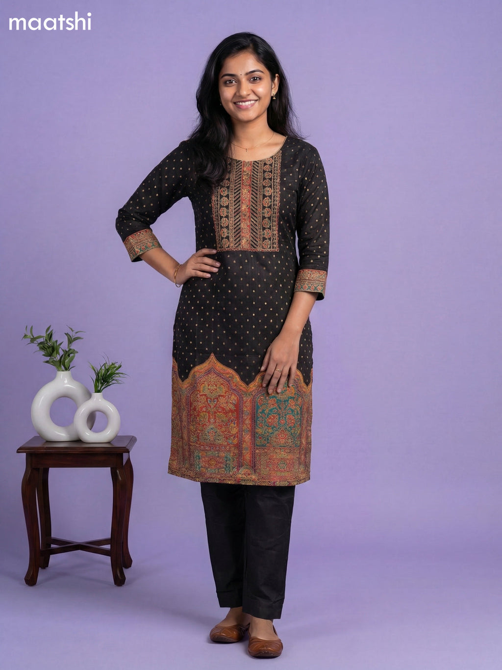 Black Banarasi Silk Position Prints & Embroidery Work Straight Suit Straight Cut Pant