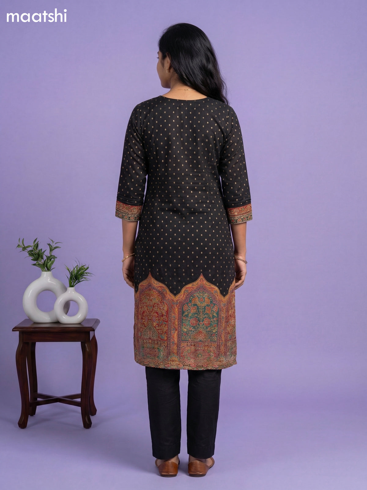 Black Banarasi Silk Position Prints & Embroidery Work Straight Suit Straight Cut Pant