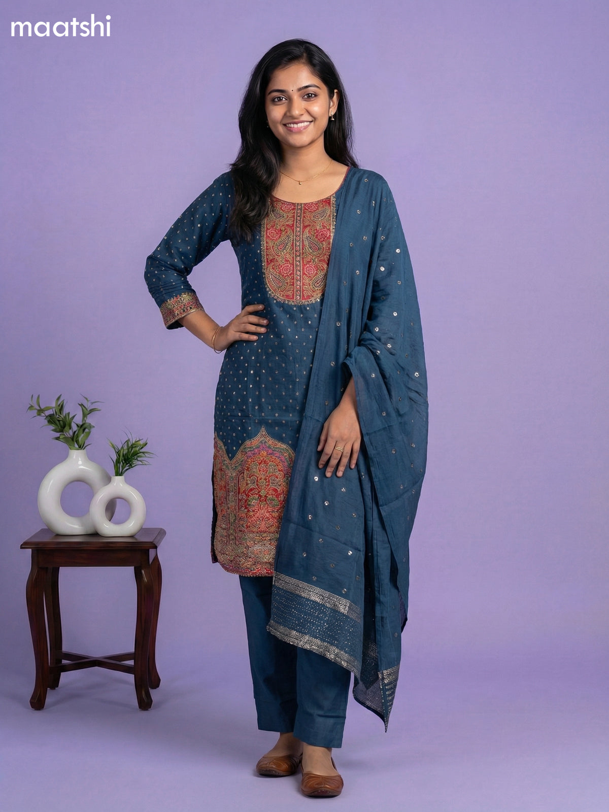 Peacock Green Banarasi Silk Position Prints & Embroidery Work Straight Suit Straight Cut Pant