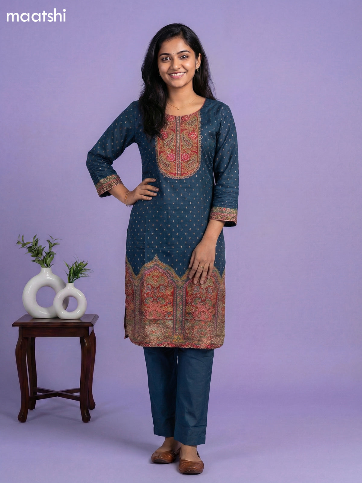 Peacock Green Banarasi Silk Position Prints & Embroidery Work Straight Suit Straight Cut Pant