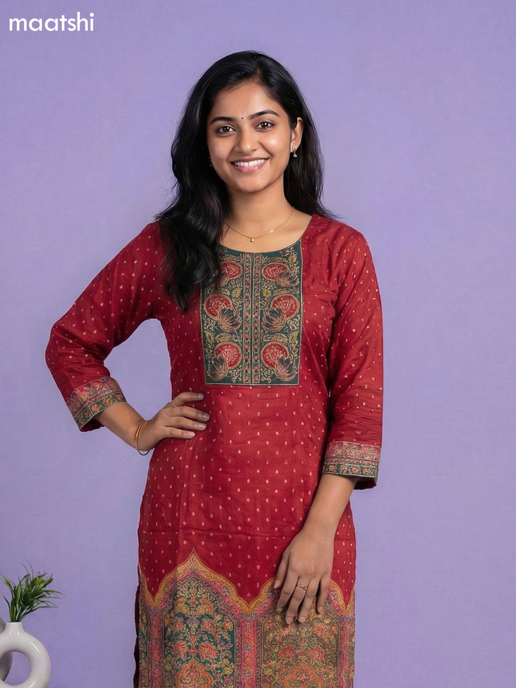 Maroon Banarasi Silk Position Prints & Embroidery Work Straight Suit Straight Cut Pant