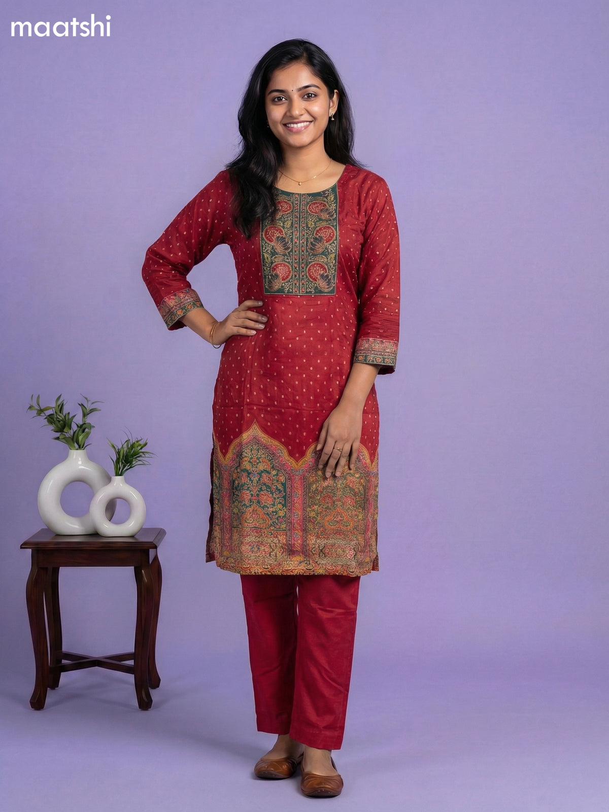 Maroon Banarasi Silk Position Prints & Embroidery Work Straight Suit Straight Cut Pant