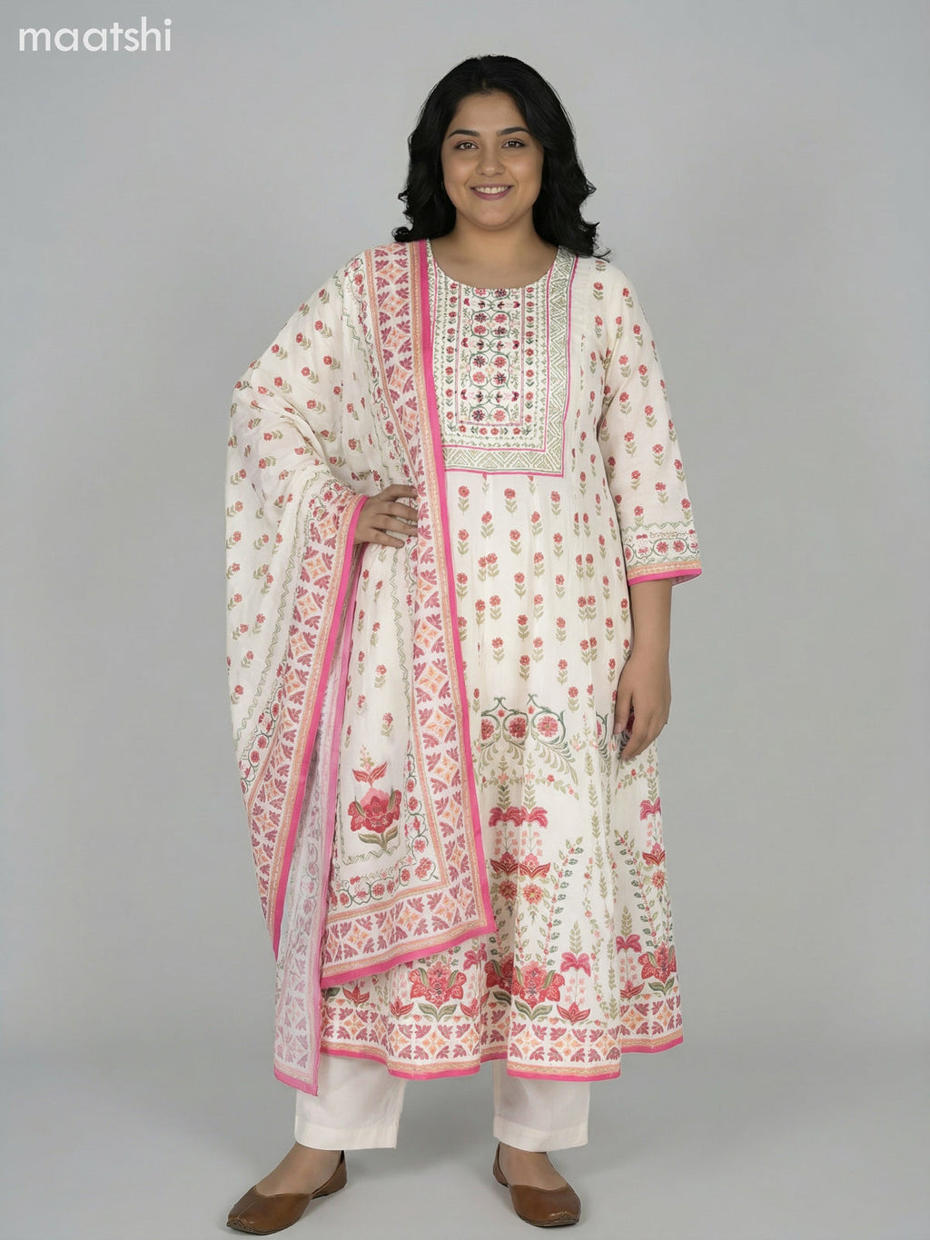 Cream Crepe Silk Floral Printed Long Anarkali Suit