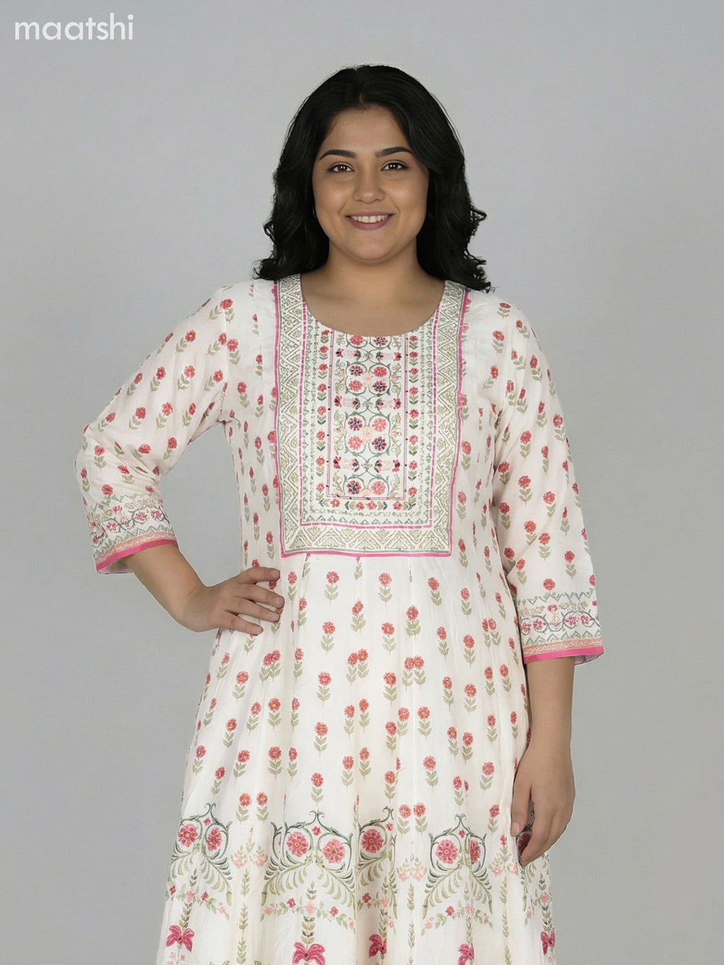 Cream Crepe Silk Floral Printed Long Anarkali Suit