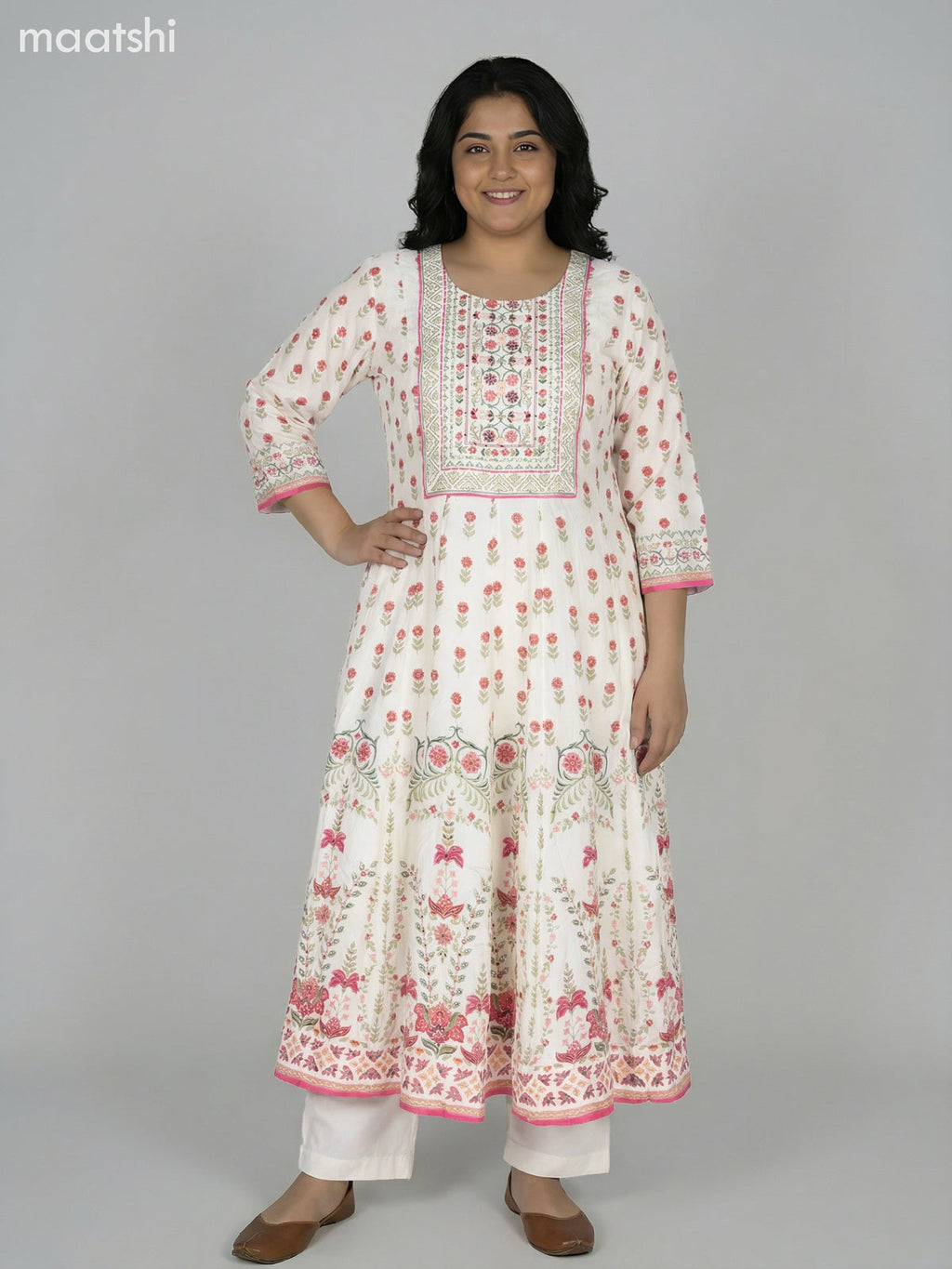 Cream Crepe Silk Floral Printed Long Anarkali Suit