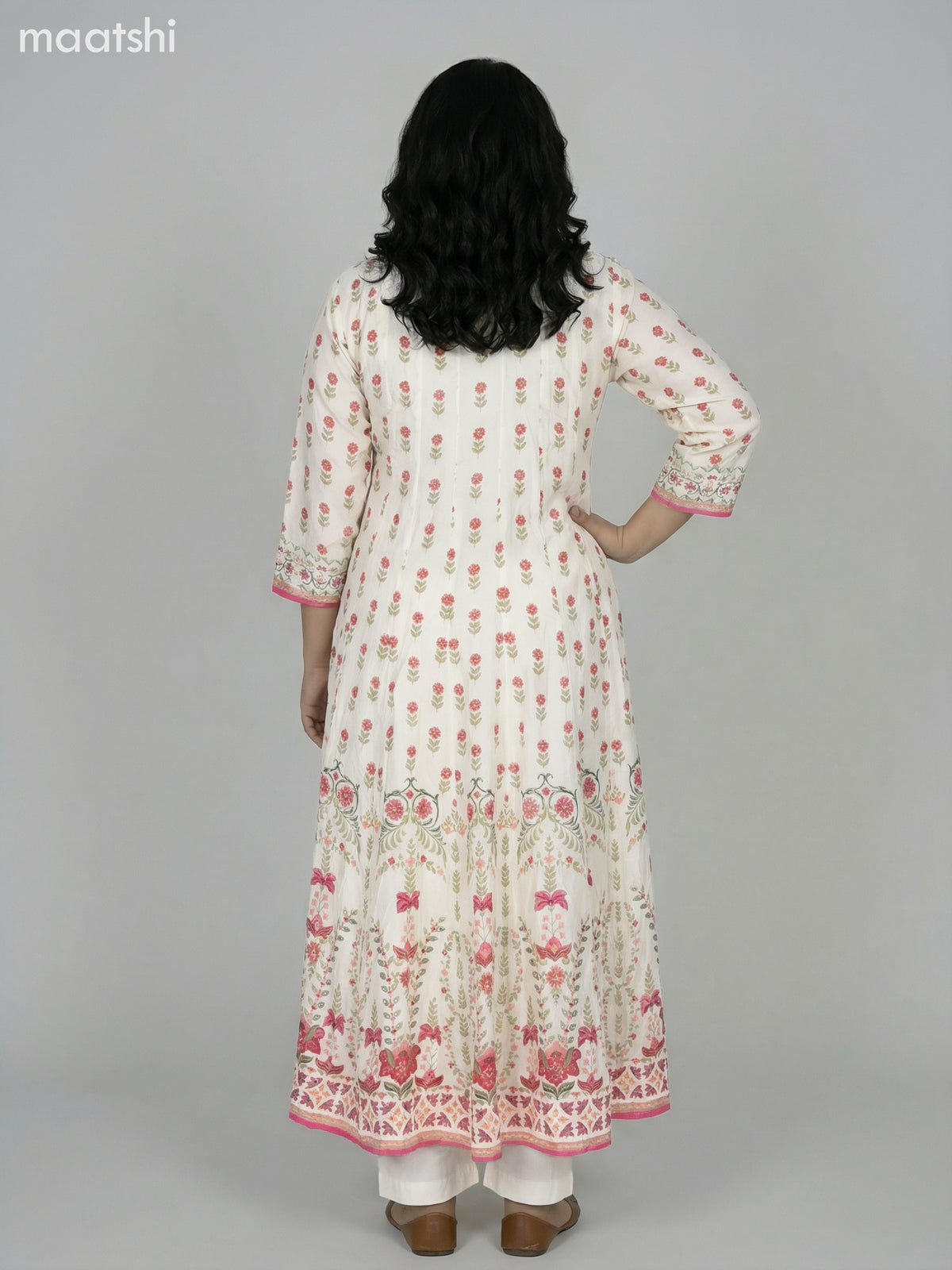 Cream Crepe Silk Floral Printed Long Anarkali Suit