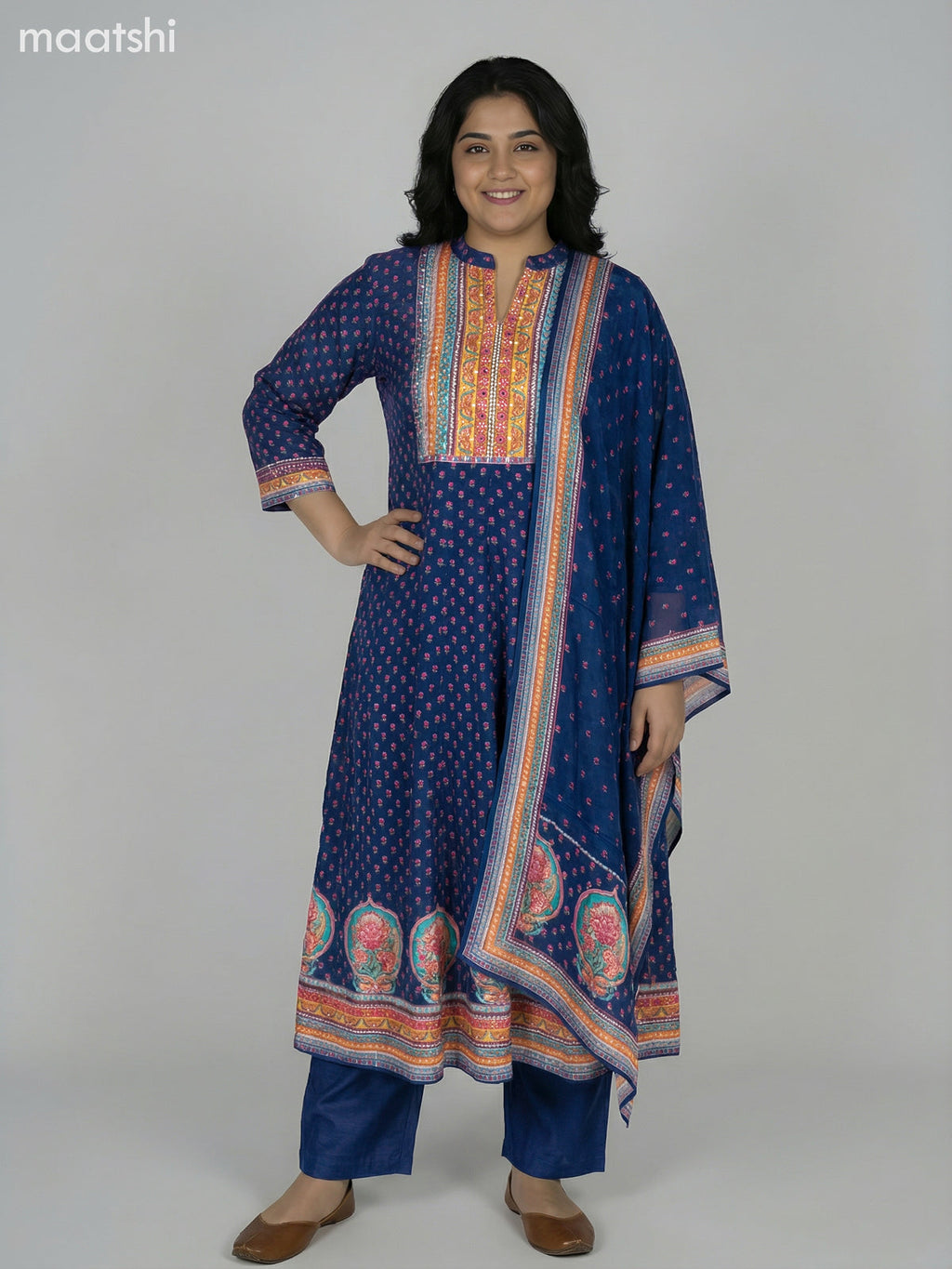 Peacock Blue Crepe Silk Printed Long Anarkali Suit