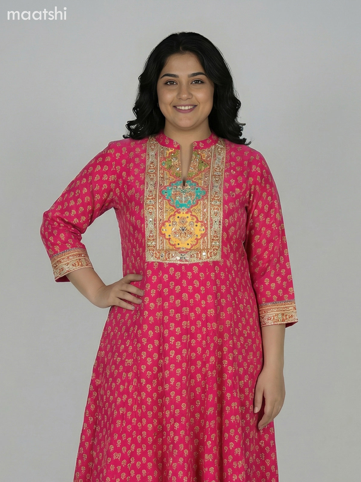 Pink Crepe Silk Printed Long Anarkali Suit
