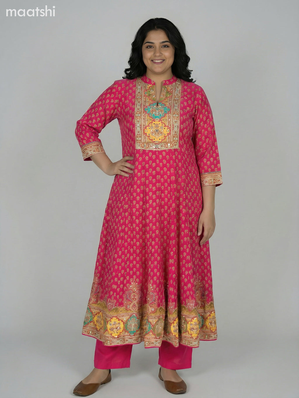 Pink Crepe Silk Printed Long Anarkali Suit