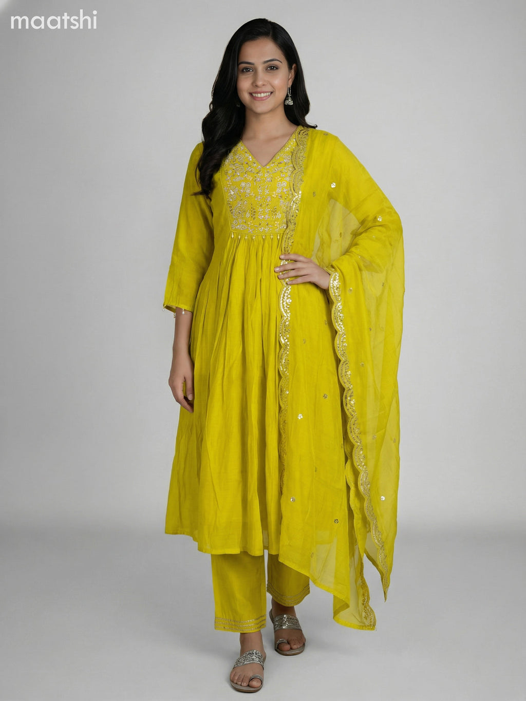 Lime Yellow Chanderi Embroidery Work Anarkali Suit