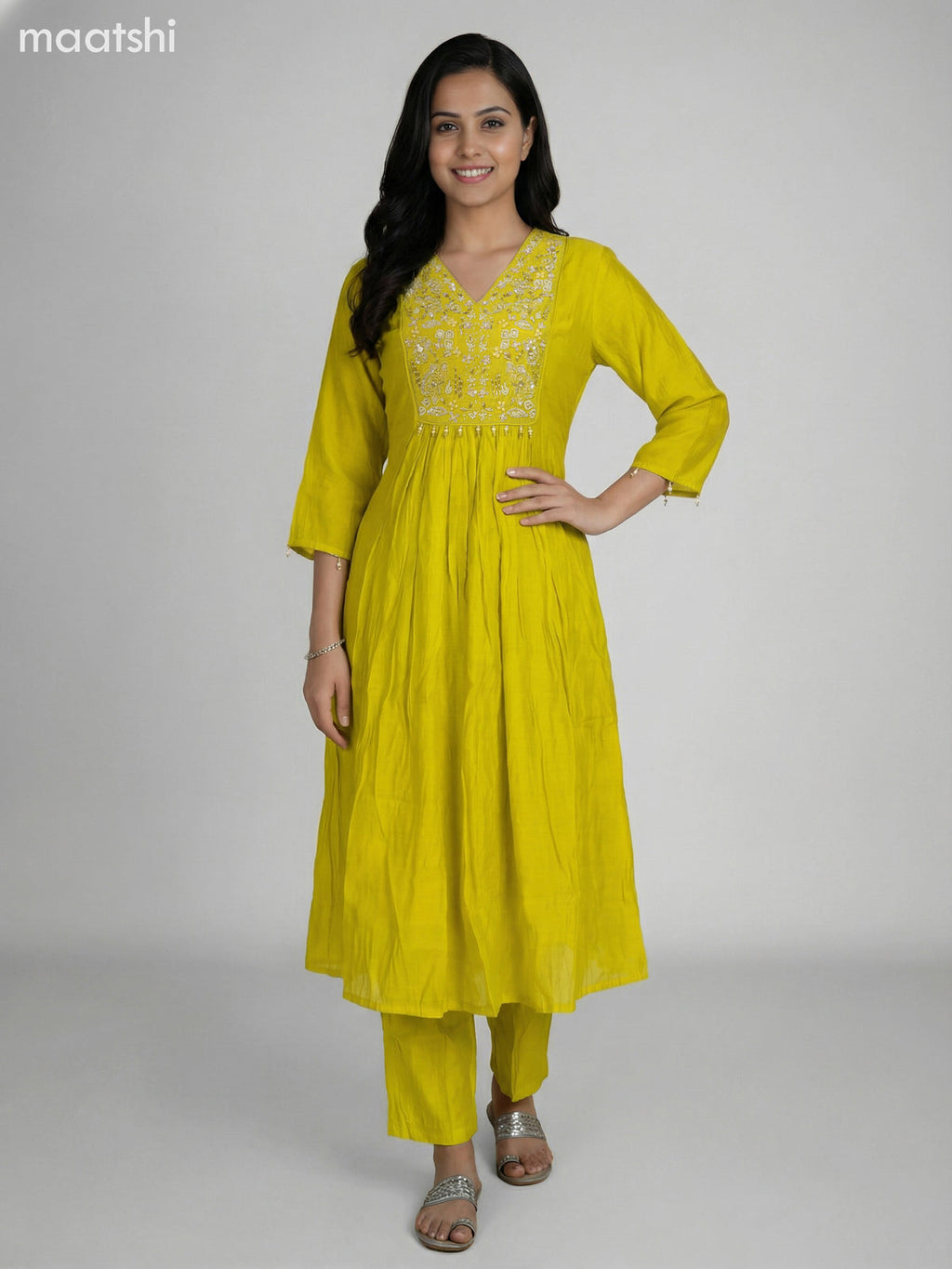 Lime Yellow Chanderi Embroidery Work Anarkali Suit