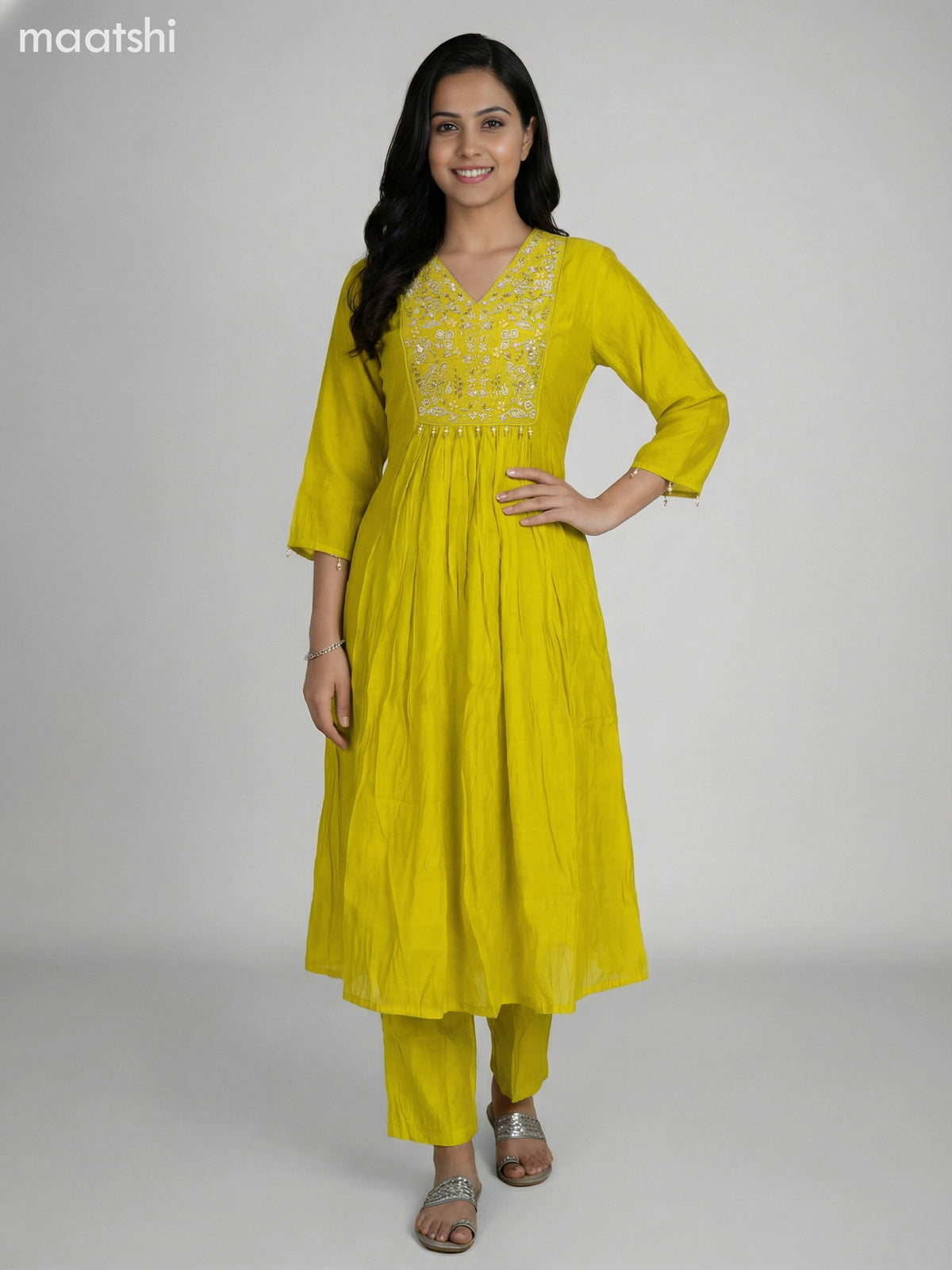 Lime Yellow Chanderi Embroidery Work Anarkali Suit