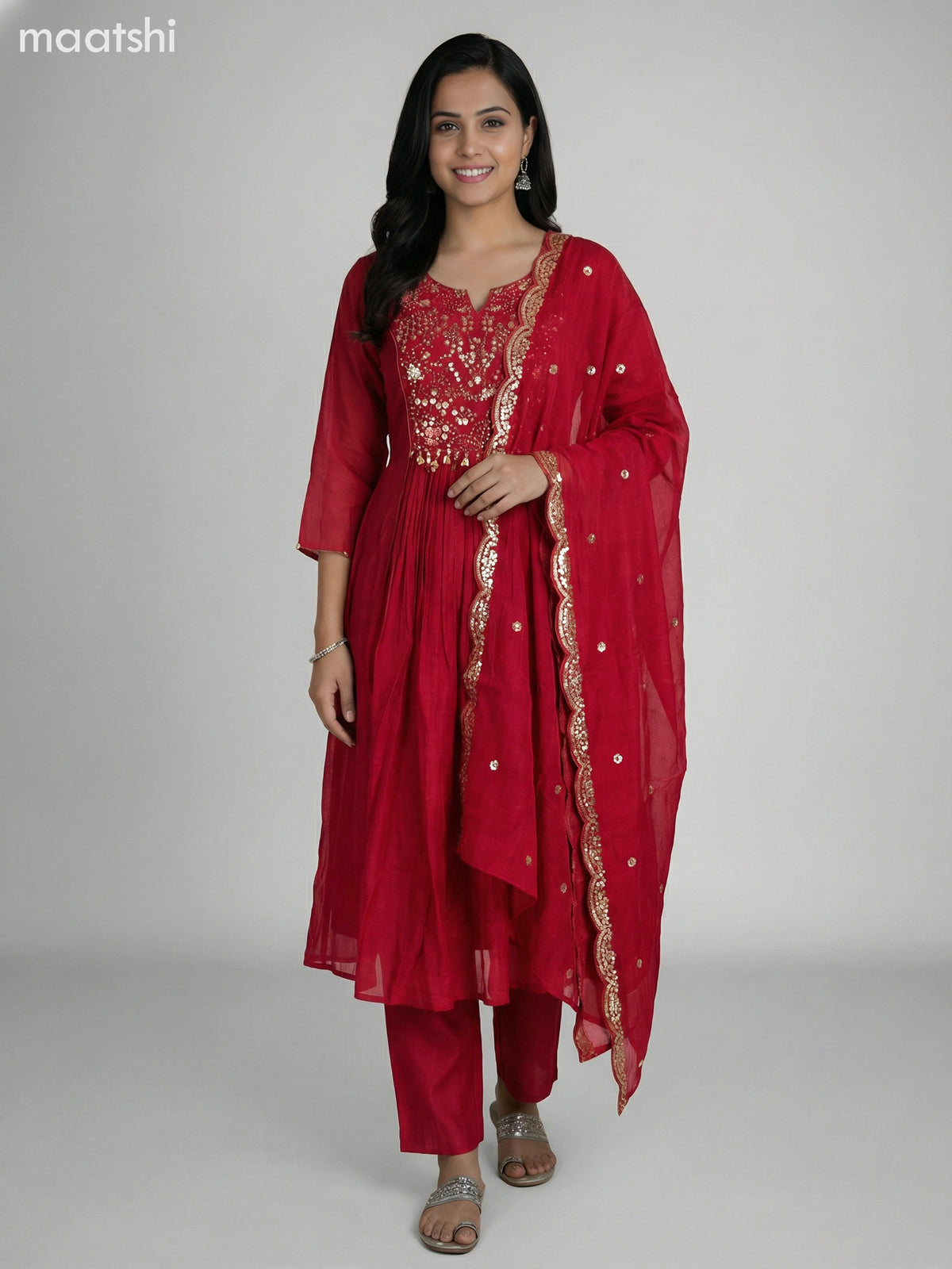 Red Chanderi Embroidery Work Anarkali Suit