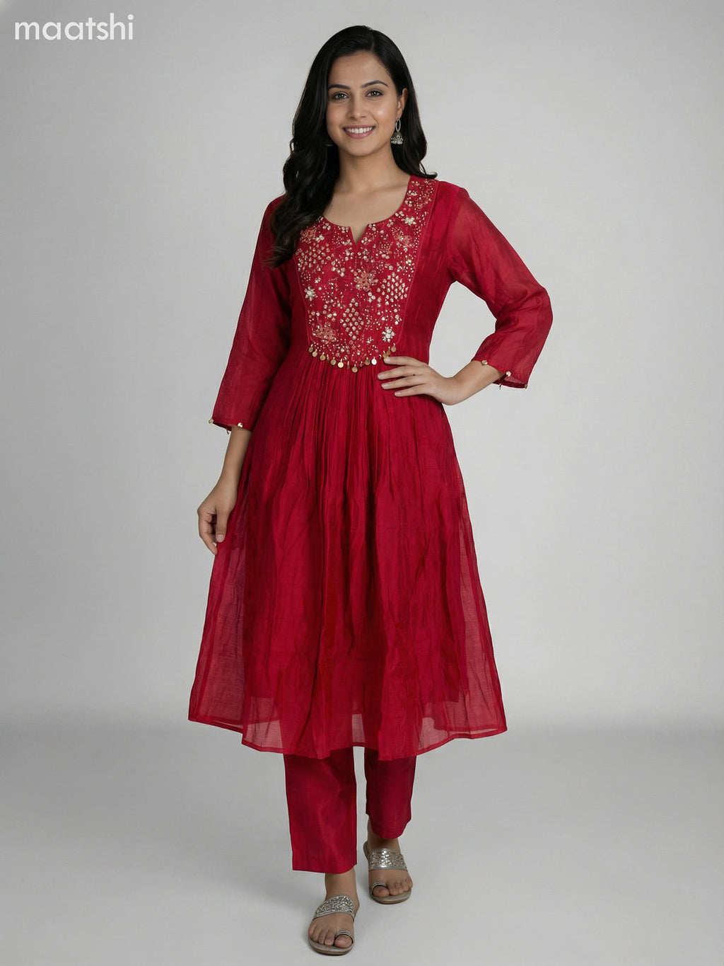 Red Chanderi Embroidery Work Anarkali Suit