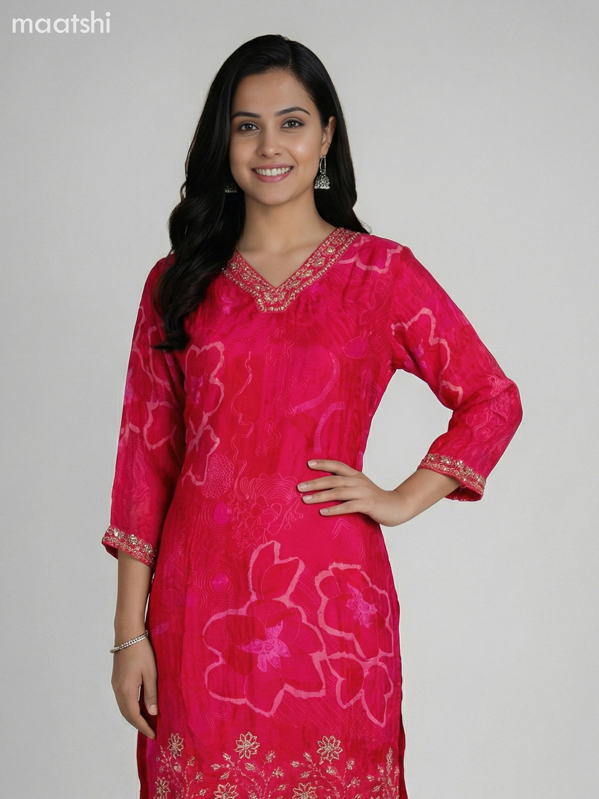 Pink Crepe Silk Printed & Beaded Work Short Straight Suit Palazzo Pant