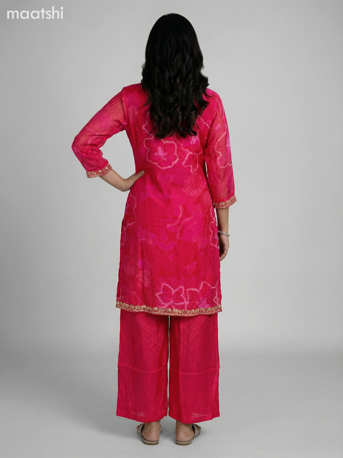 Pink Crepe Silk Printed & Beaded Work Short Straight Suit Palazzo Pant