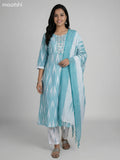Teal Blue and Off White Cotton Ikat Weaves & Embroidery Work Anarkali Suit