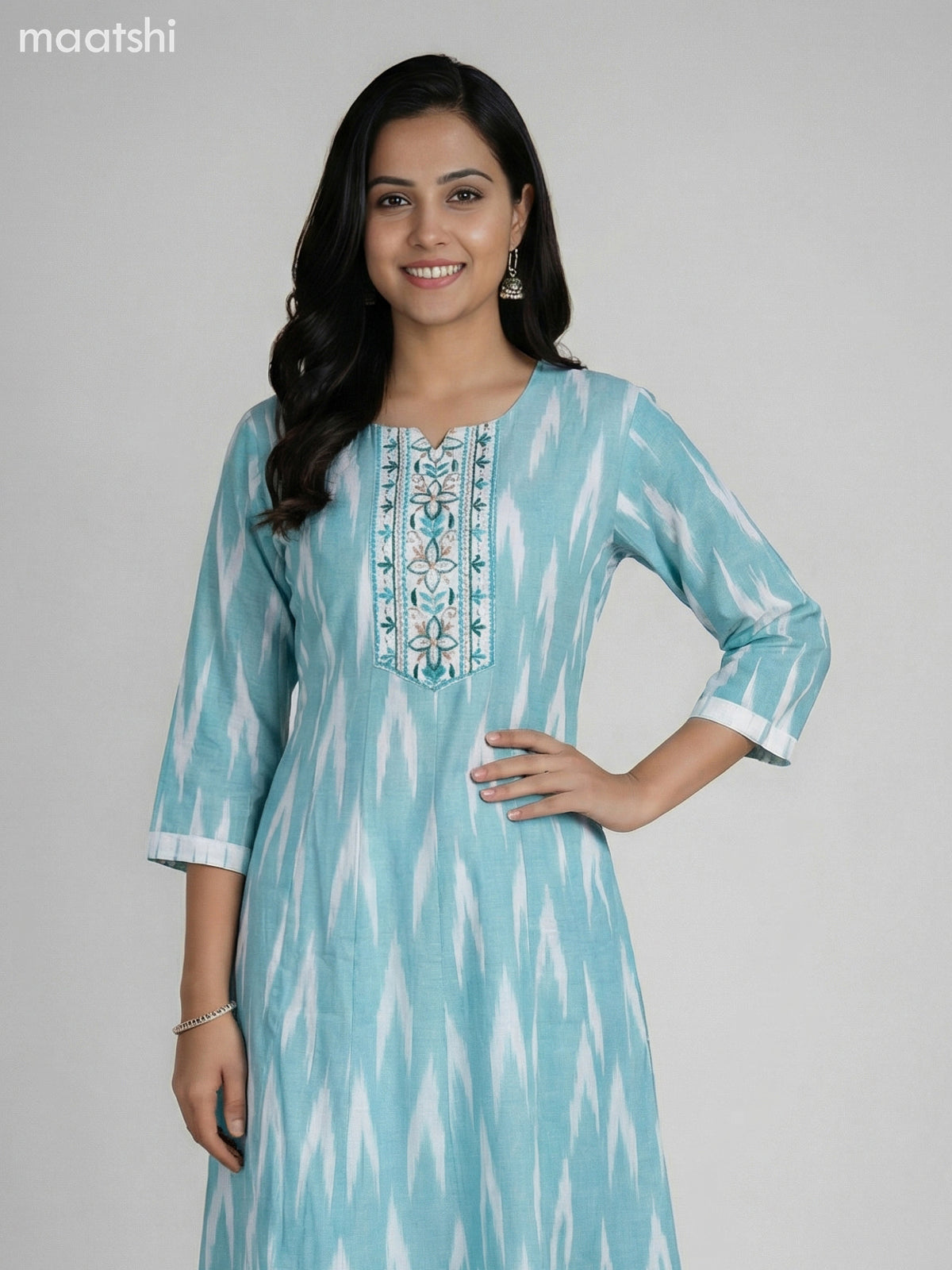 Teal Blue and Off White Cotton Ikat Weaves & Embroidery Work Anarkali Suit