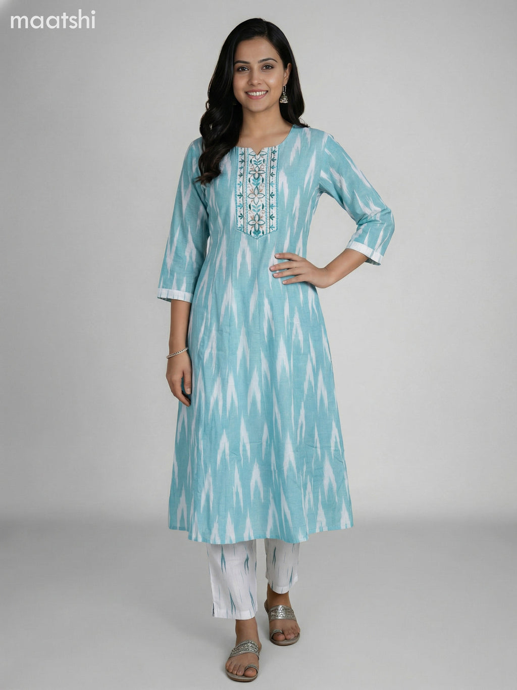 Teal Blue and Off White Cotton Ikat Weaves & Embroidery Work Anarkali Suit