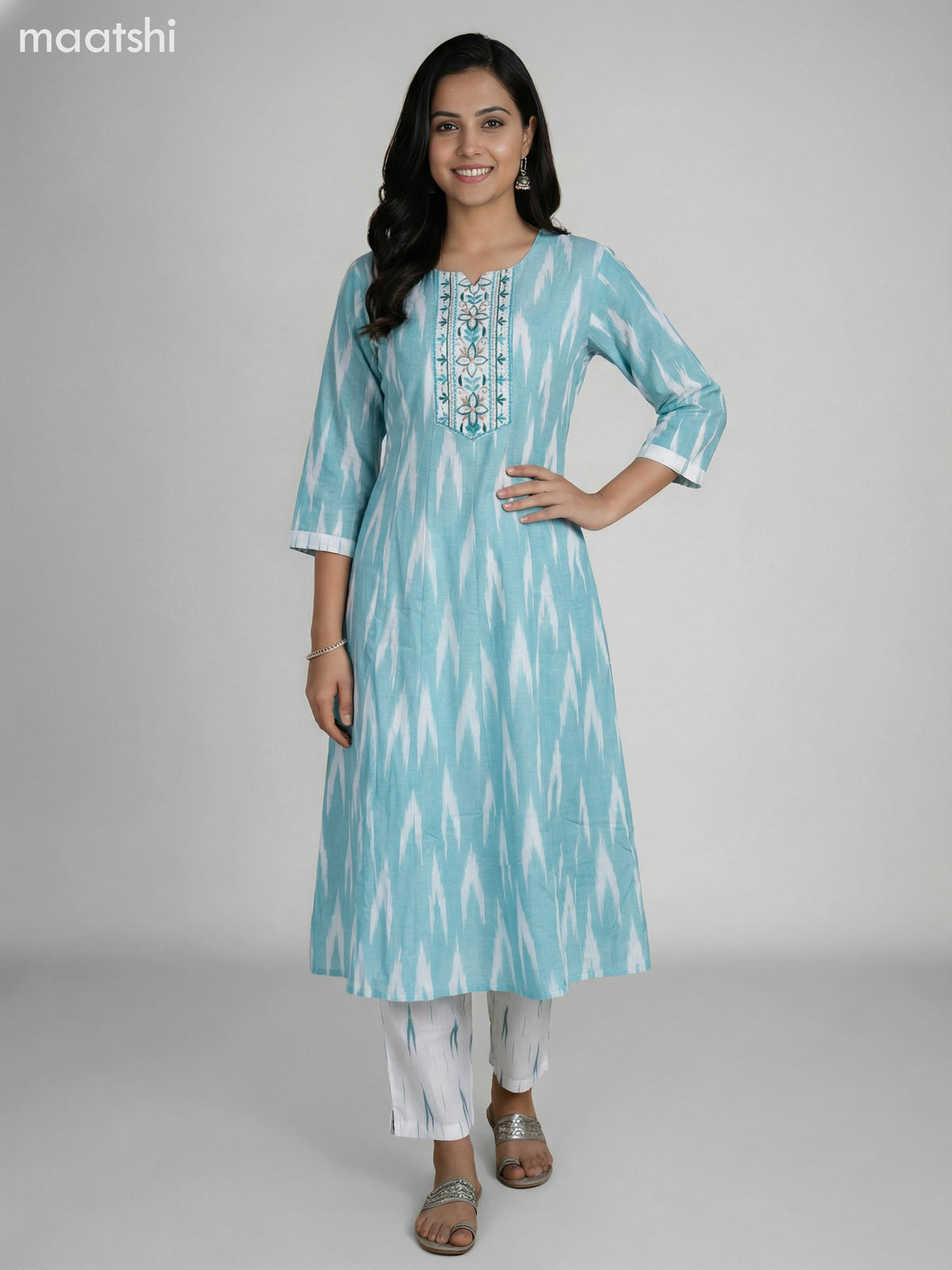 Teal Blue and Off White Cotton Ikat Weaves & Embroidery Work Anarkali Suit