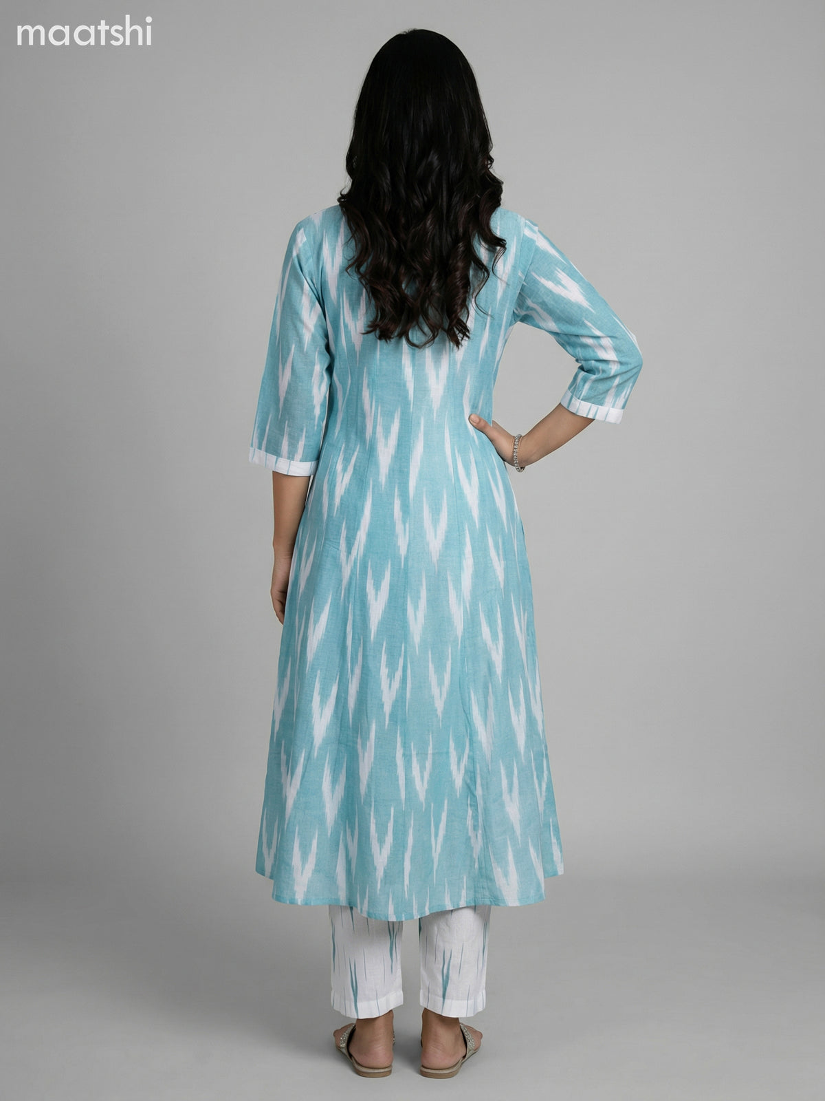Teal Blue and Off White Cotton Ikat Weaves & Embroidery Work Anarkali Suit
