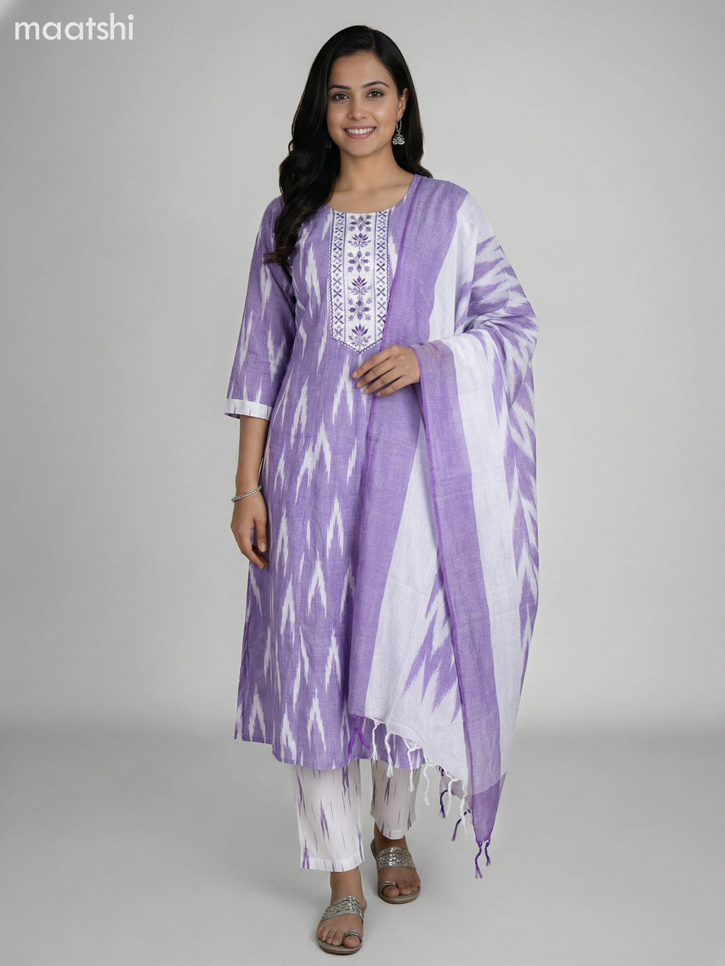 Lavender and Off White Cotton Ikat Weaves & Embroidery Work Anarkali Suit