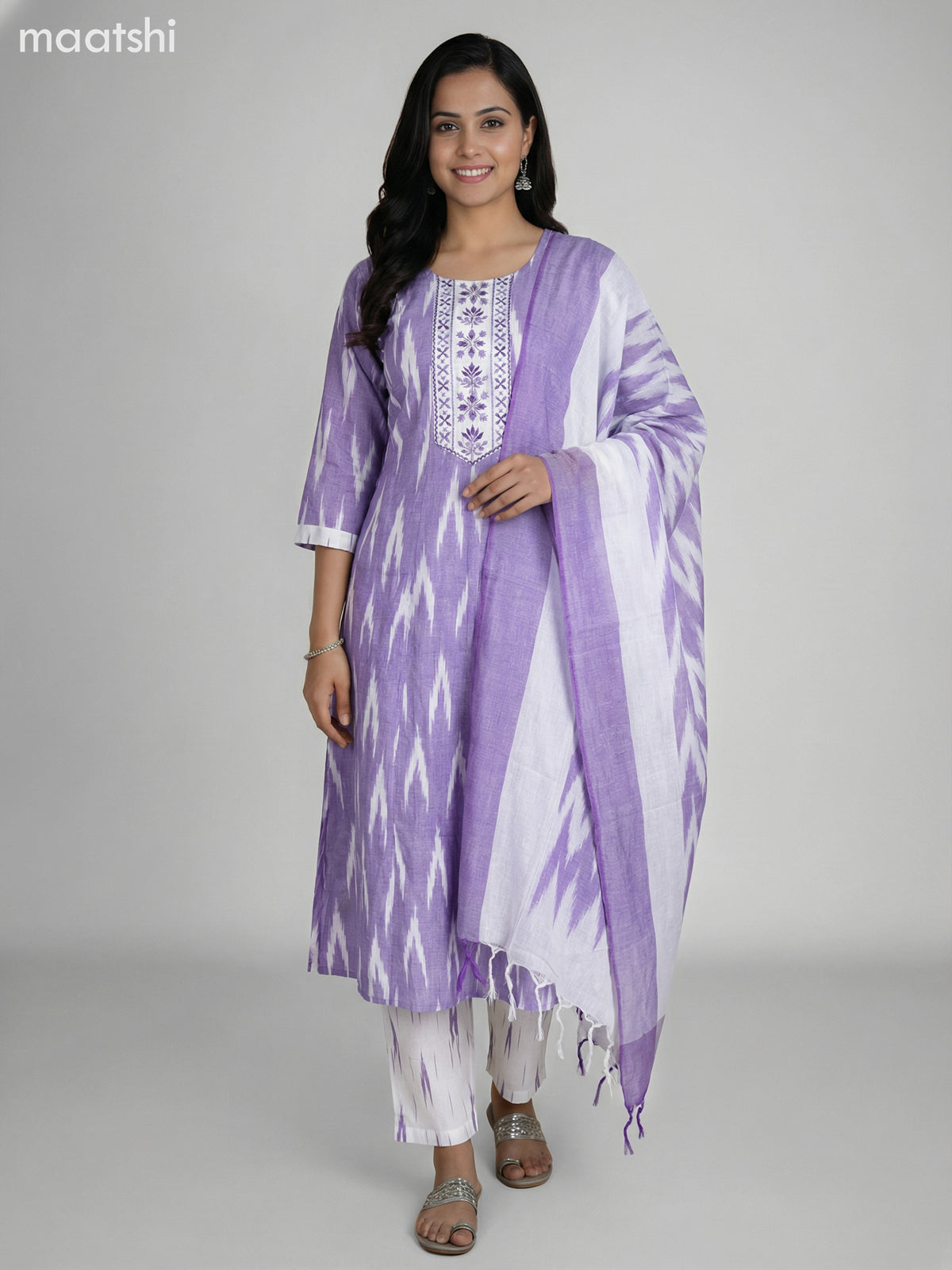 Lavender and Off White Cotton Ikat Weaves & Embroidery Work Anarkali Suit