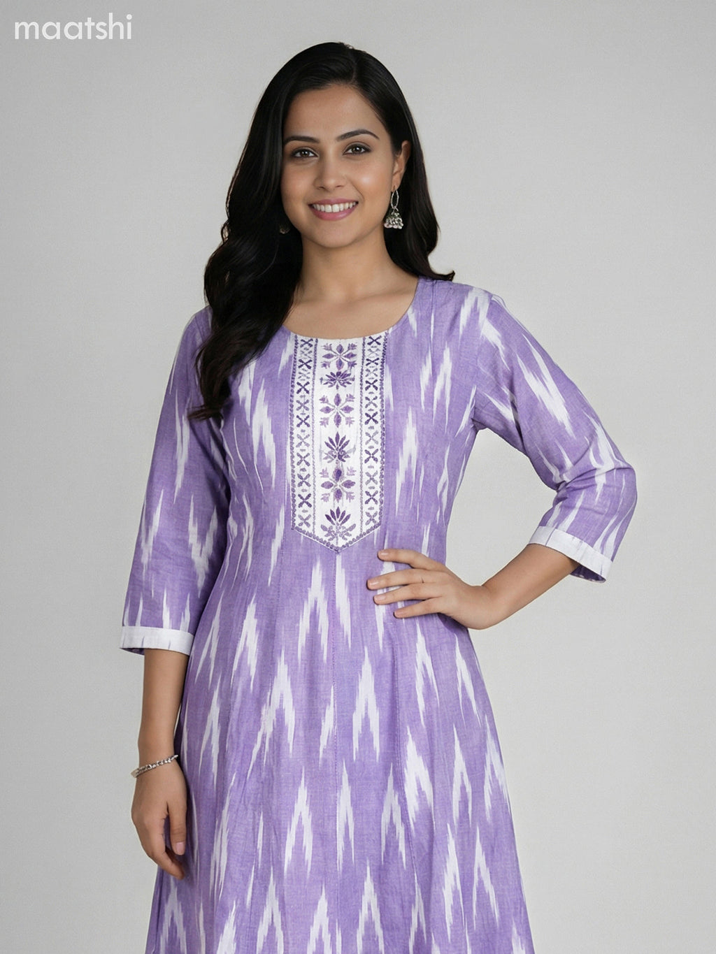 Lavender and Off White Cotton Ikat Weaves & Embroidery Work Anarkali Suit