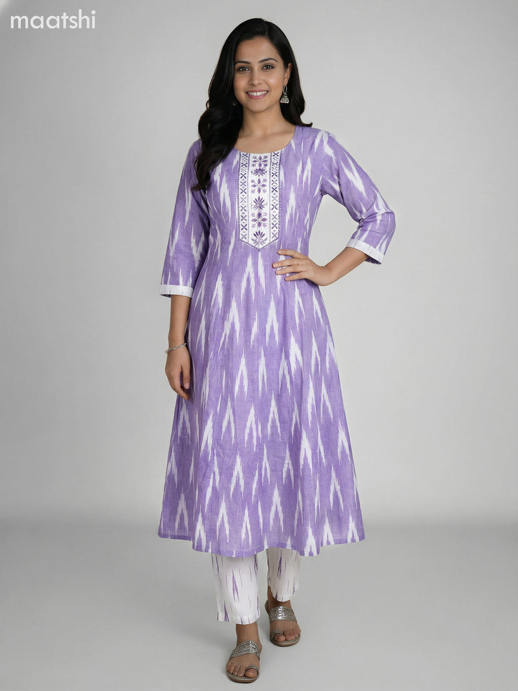 Lavender and Off White Cotton Ikat Weaves & Embroidery Work Anarkali Suit