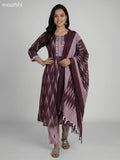 Deep Maroon and Grey Shade Cotton Ikat Weaves & Embroidery Work Anarkali Suit