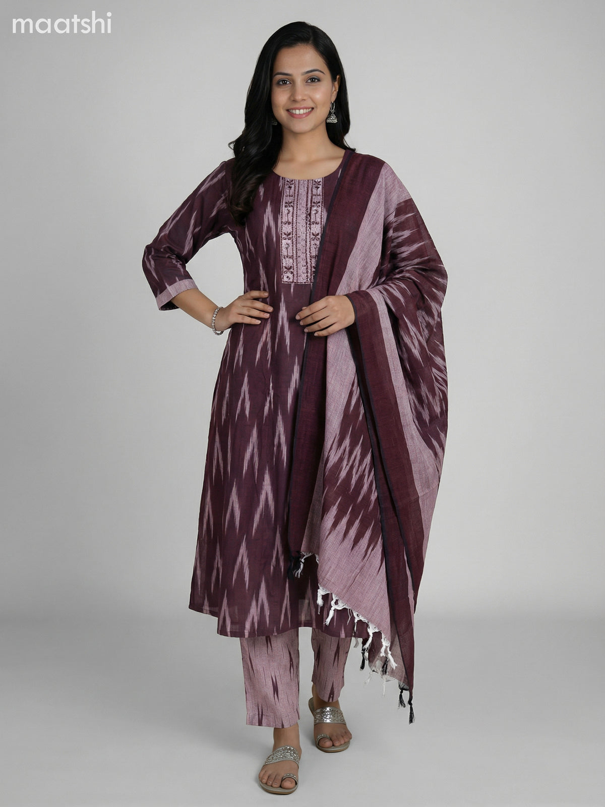Deep Maroon and Grey Shade Cotton Ikat Weaves & Embroidery Work Anarkali Suit