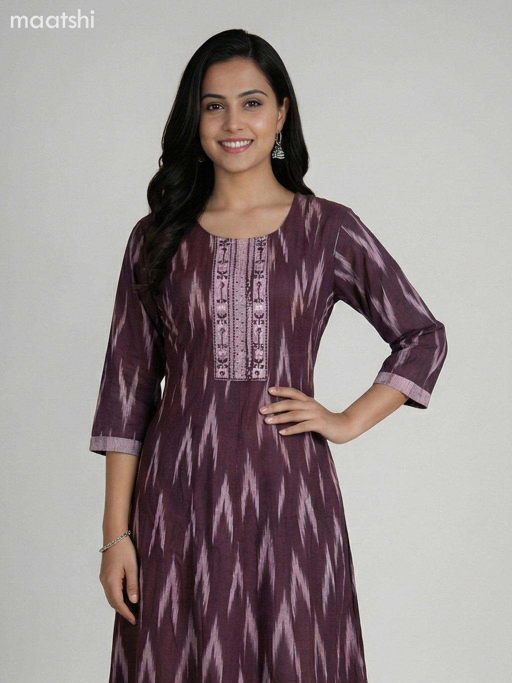 Deep Maroon and Grey Shade Cotton Ikat Weaves & Embroidery Work Anarkali Suit