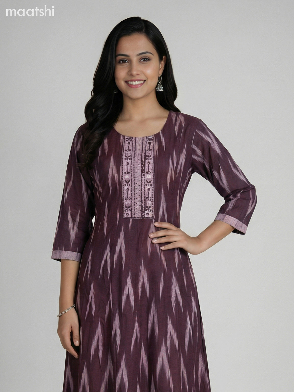Deep Maroon and Grey Shade Cotton Ikat Weaves & Embroidery Work Anarkali Suit