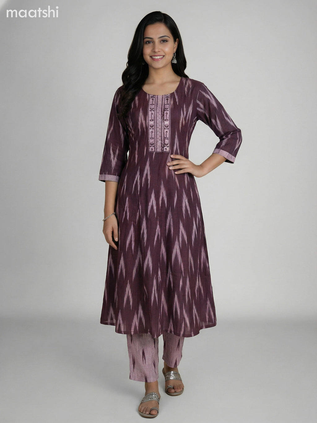 Deep Maroon and Grey Shade Cotton Ikat Weaves & Embroidery Work Anarkali Suit