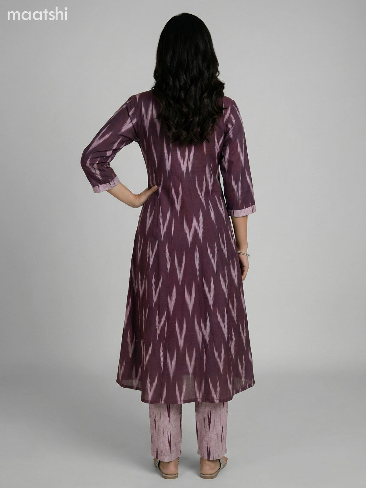 Deep Maroon and Grey Shade Cotton Ikat Weaves & Embroidery Work Anarkali Suit