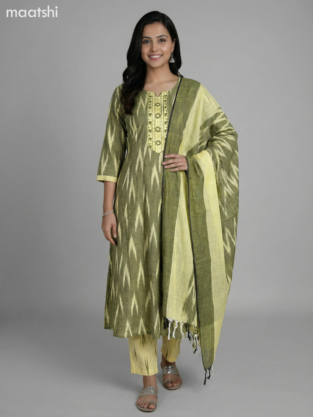 Mehendi Green and Pale Yellow Cotton Ikat Weaves & Embroidery Work Anarkali Suit