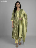 Mehendi Green and Pale Yellow Cotton Ikat Weaves & Embroidery Work Anarkali Suit