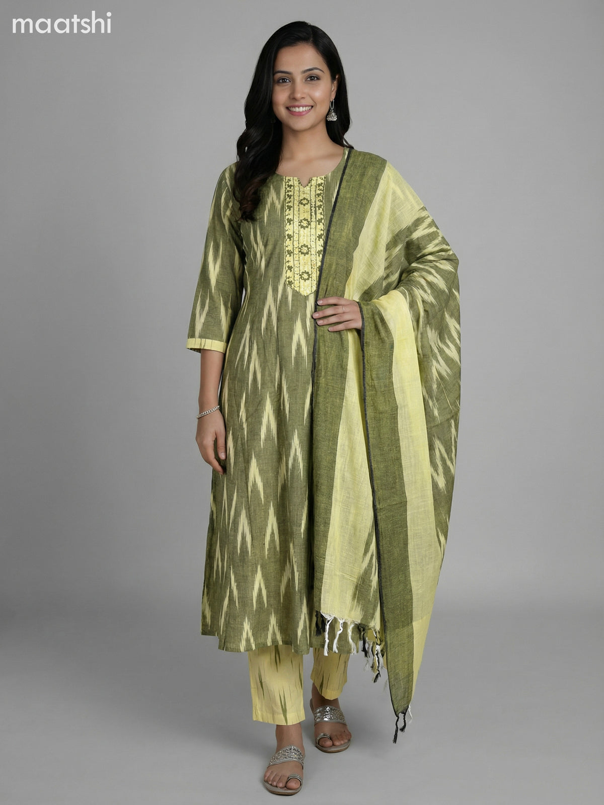 Mehendi Green and Pale Yellow Cotton Ikat Weaves & Embroidery Work Anarkali Suit