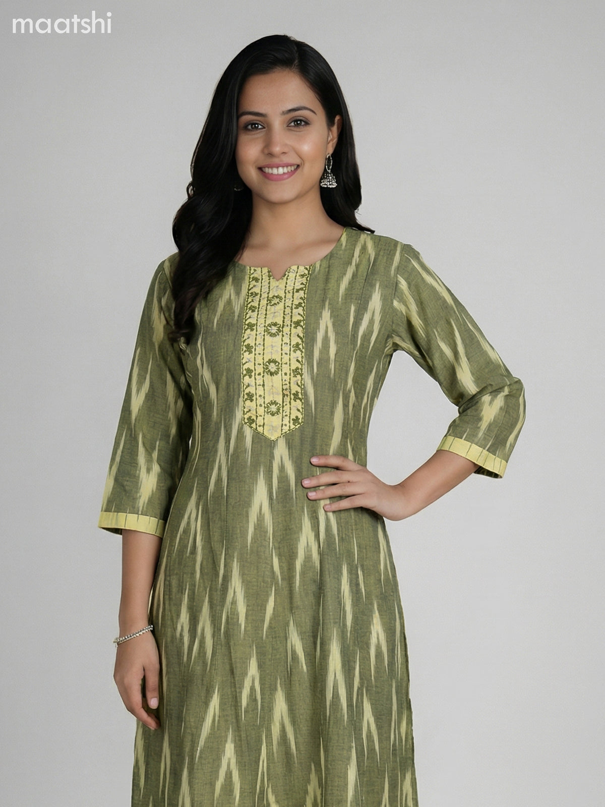 Mehendi Green and Pale Yellow Cotton Ikat Weaves & Embroidery Work Anarkali Suit