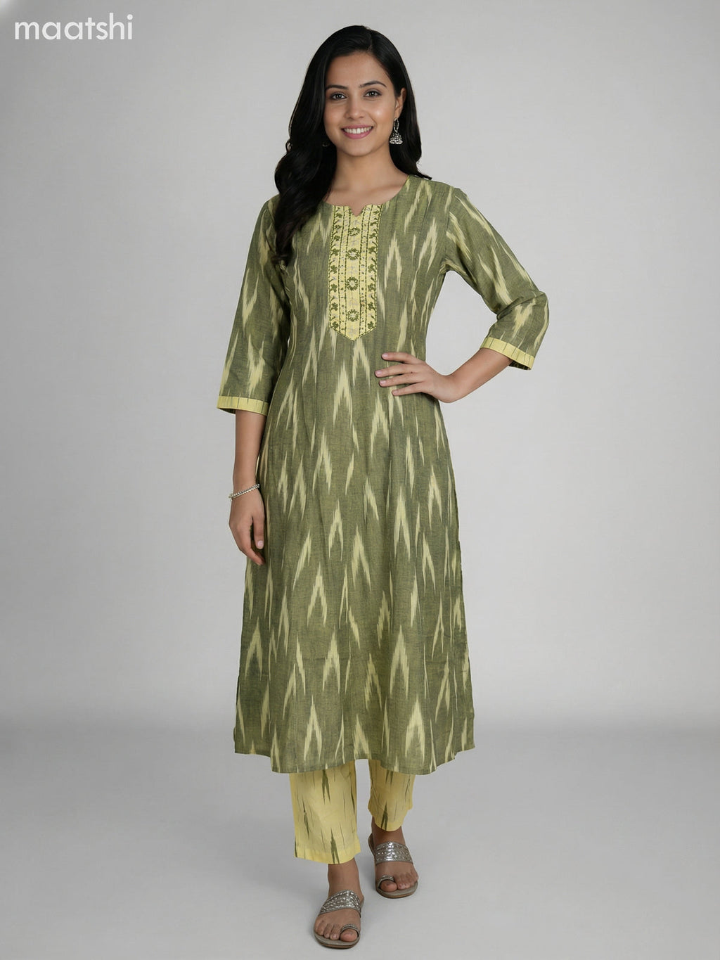 Mehendi Green and Pale Yellow Cotton Ikat Weaves & Embroidery Work Anarkali Suit