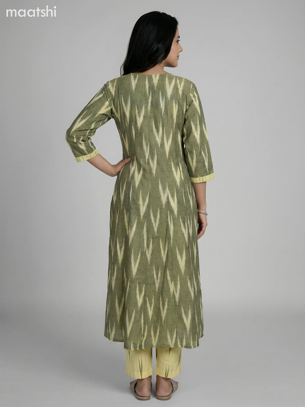 Mehendi Green and Pale Yellow Cotton Ikat Weaves & Embroidery Work Anarkali Suit