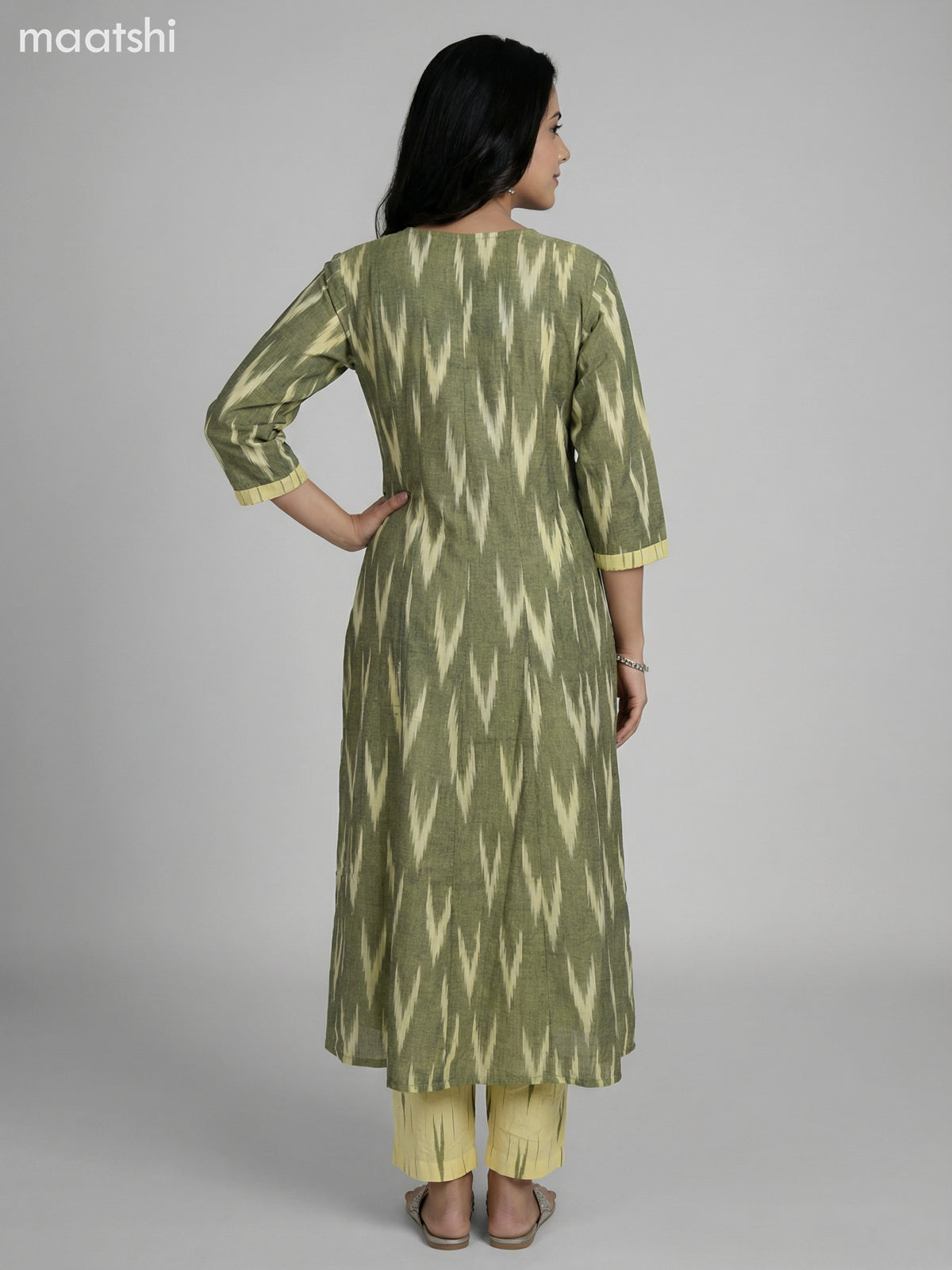 Mehendi Green and Pale Yellow Cotton Ikat Weaves & Embroidery Work Anarkali Suit
